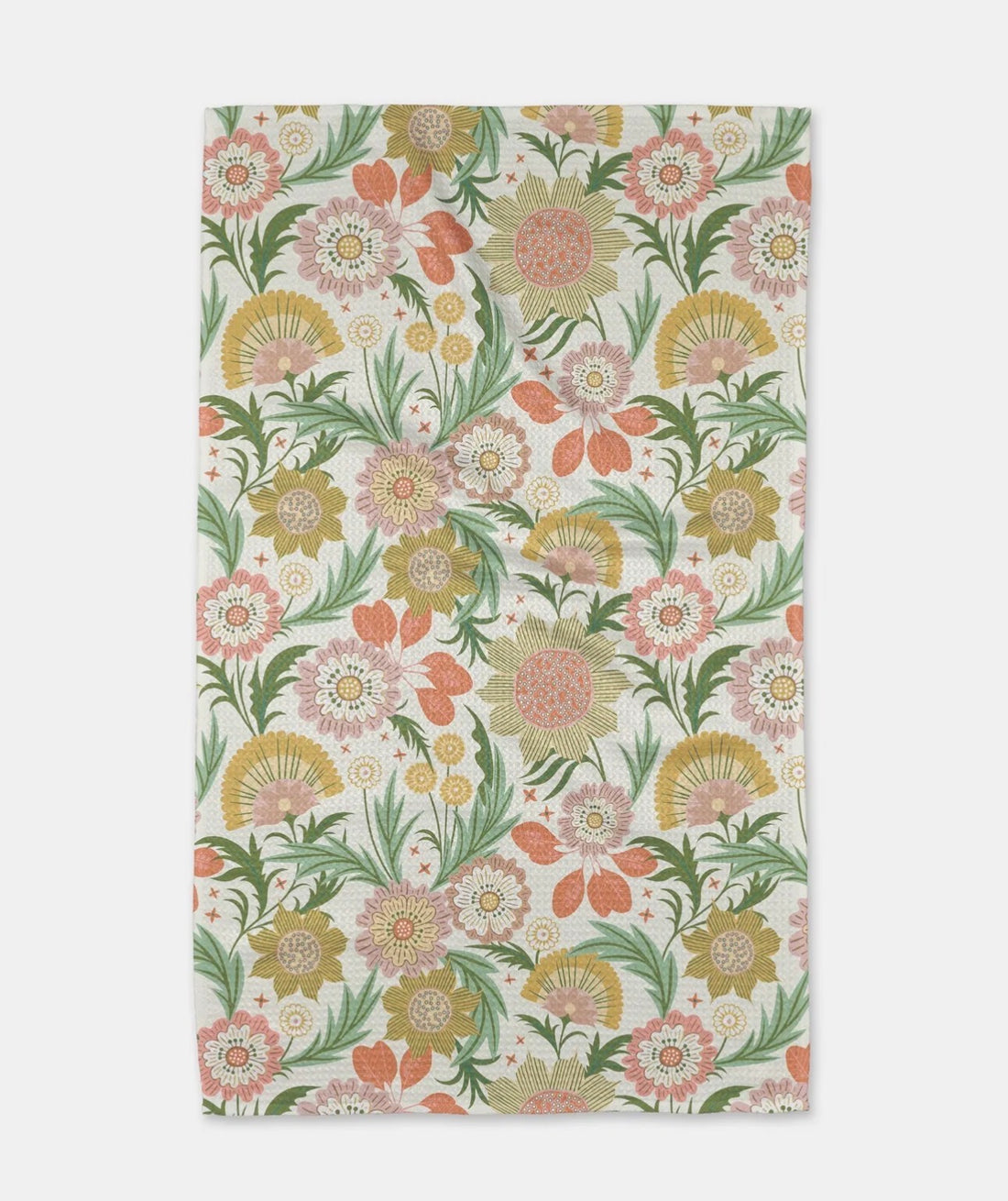Floral-patterned tea towel with pink, green, and orange flowers.