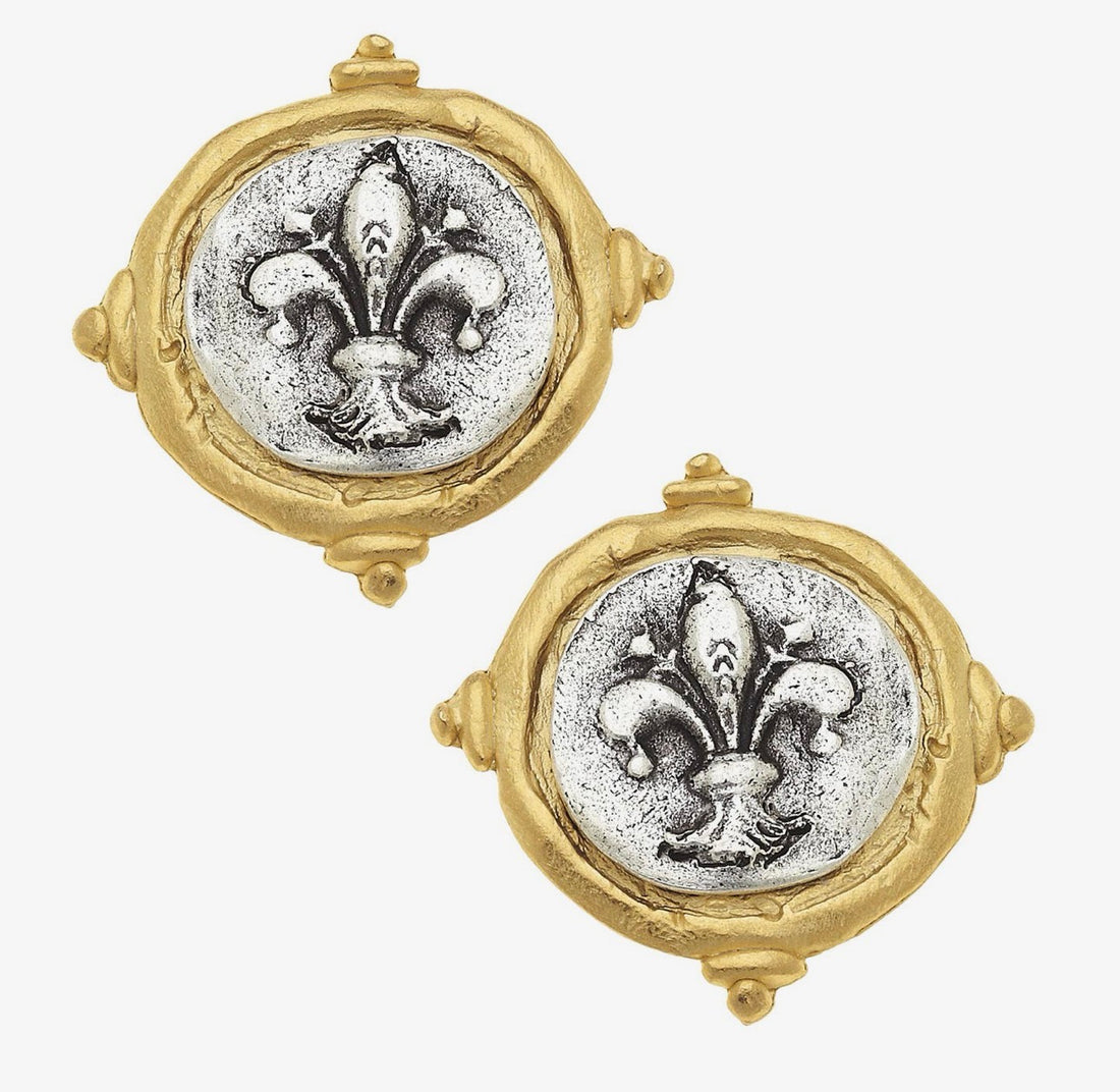 Susan Shaw | Two Tone Fleur De Lis Intaglio Pierced Earrings