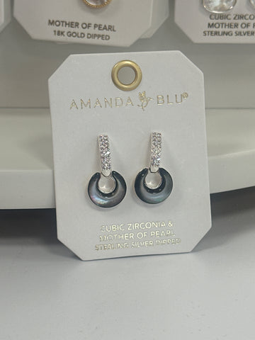 Silver CZ and Open Circle Grey Mother of Pearl Huggie Earrings