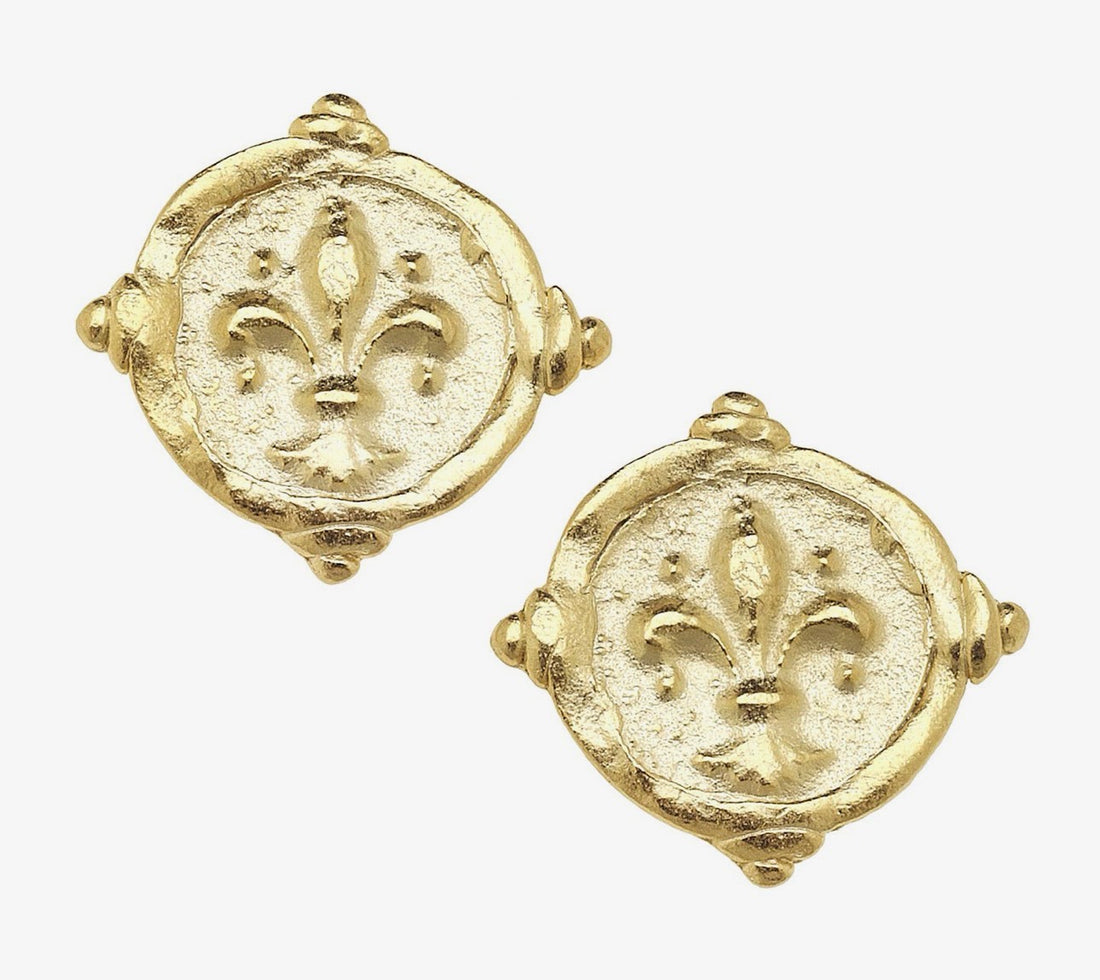 Susan Shaw | Gold Fleur De Lis Intaglio Pierced Earrings