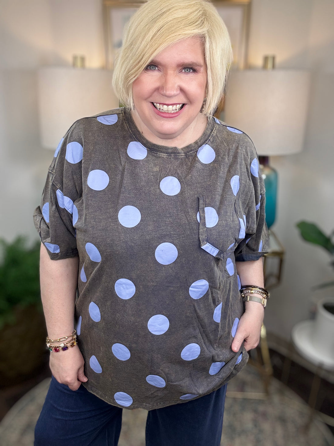Seeing Spots Curvy Top in dark gray with periwinkle polka dots