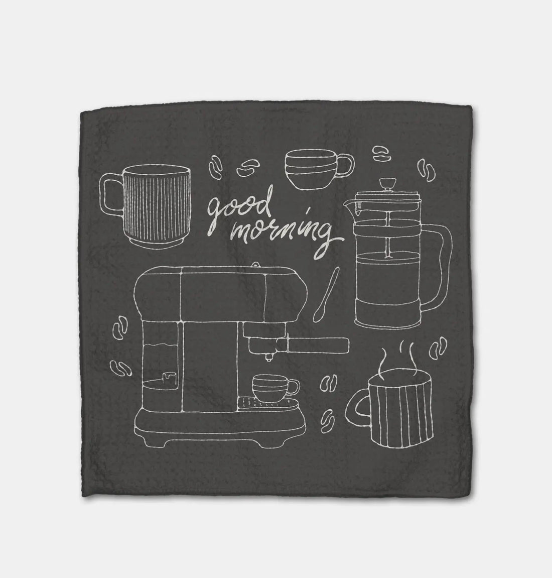 Black towel with white line art of coffee-making equipment and &