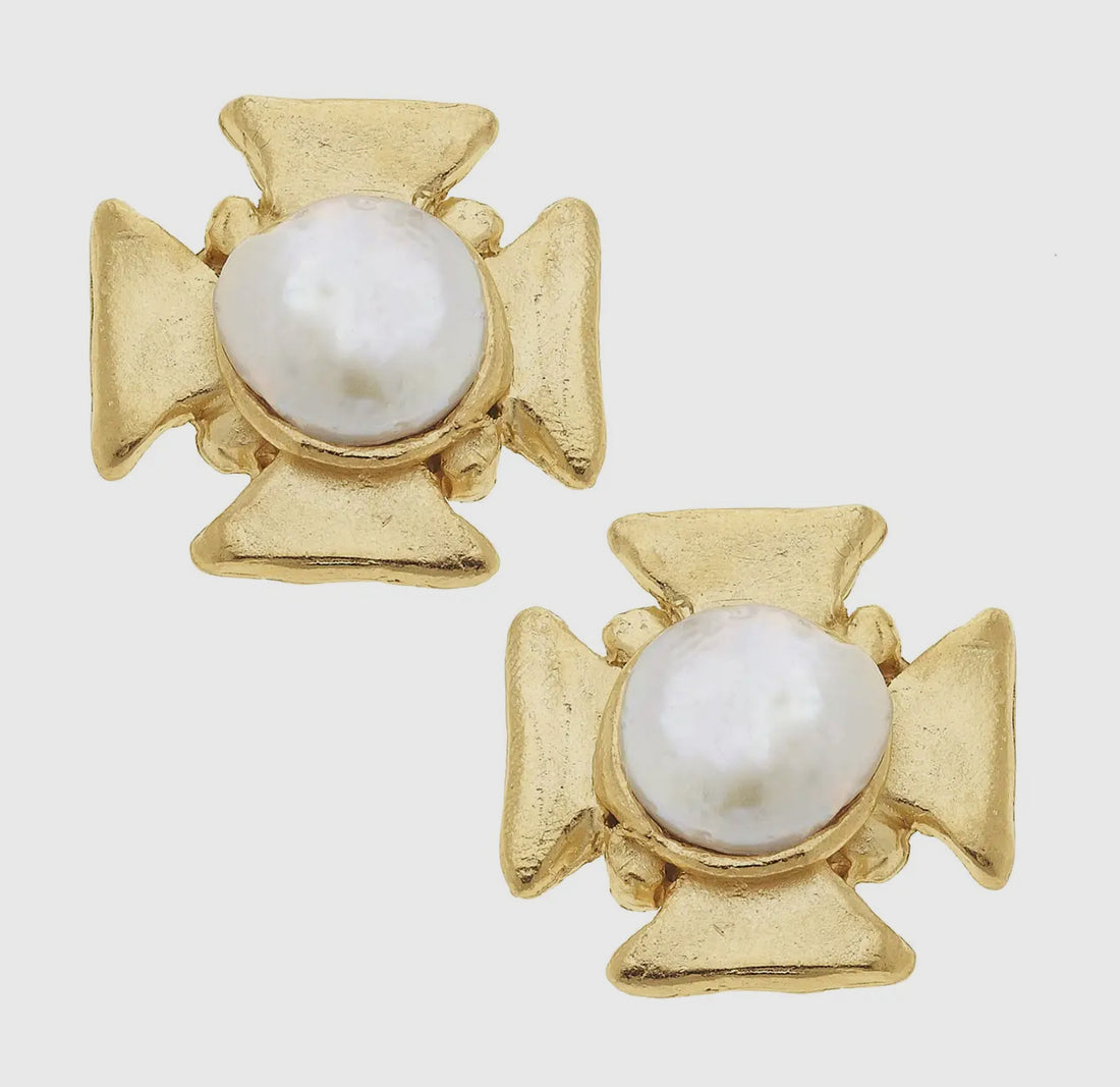 Susan Shaw Gold Cross with Genuine Freshwater Pearl Earrings