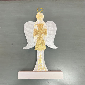 Wood Angel with Gold Cross