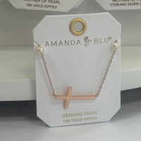 Rose Gold Laying Cross Pearls Necklace