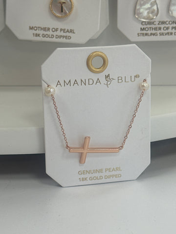 Rose Gold Laying Cross Pearls Necklace