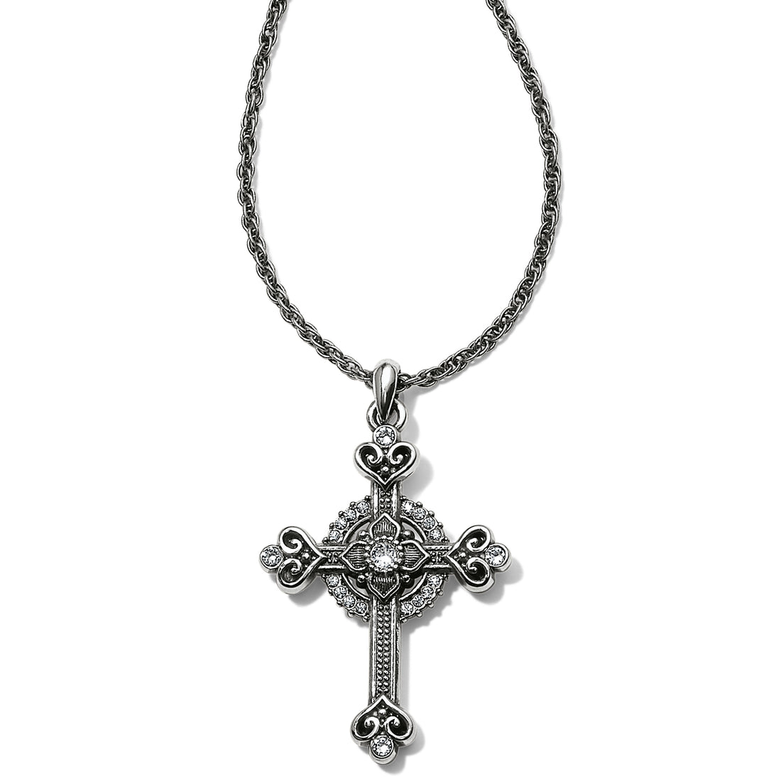 Silver cross pendant necklace on a white background