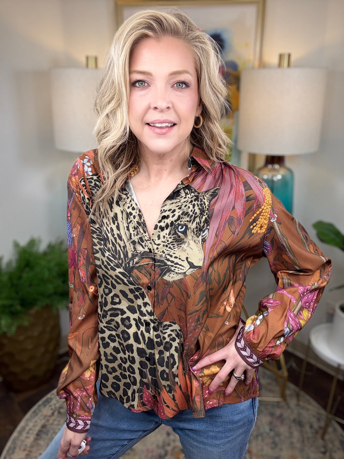 Leopard Motif Satin Button-Down