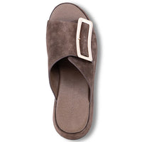 Elara dark brown suede slide sandal with crossover strap and rectangular buckle