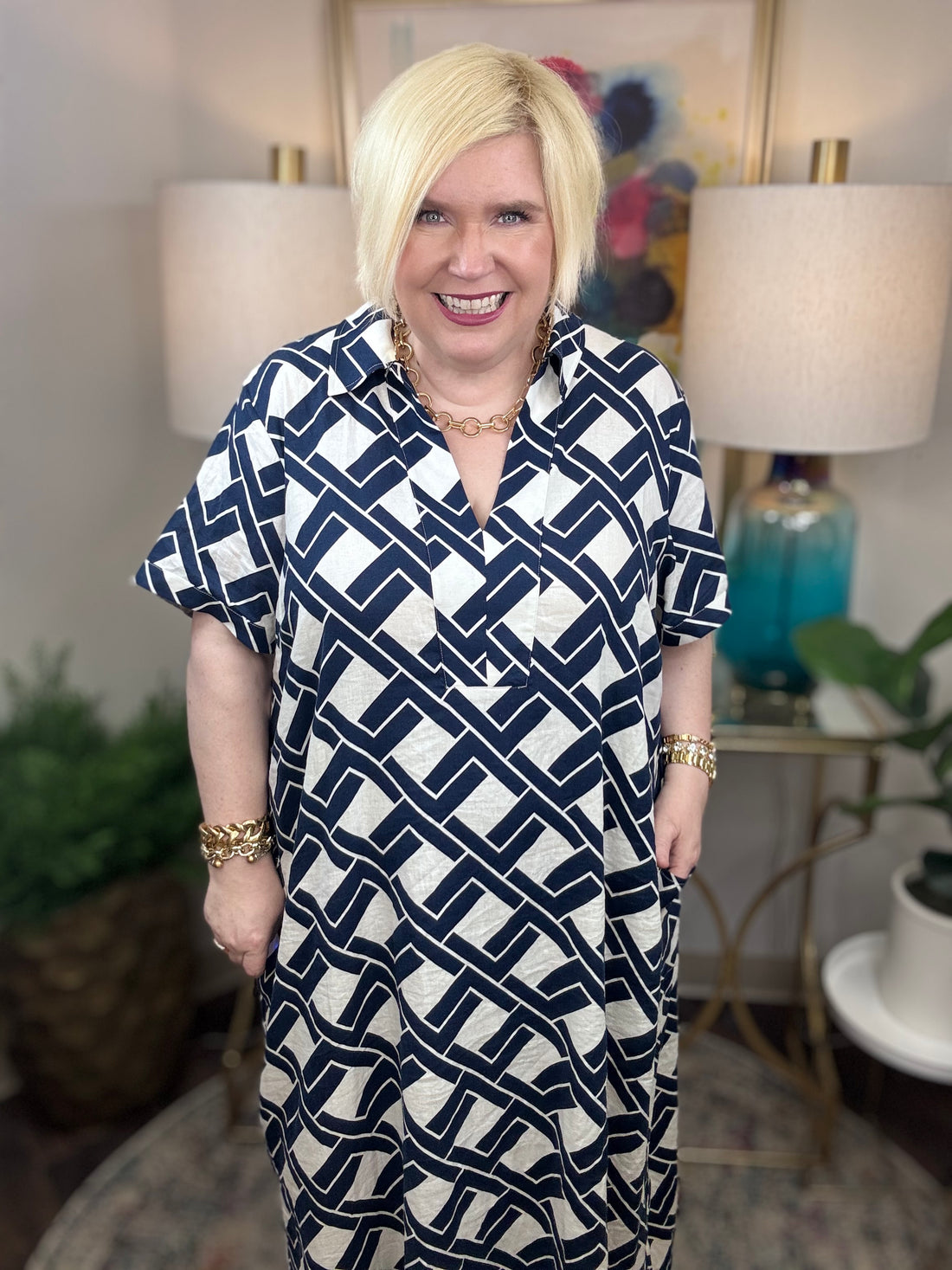Universal Standard | Padma Polo Neck Linen Dress-Geometrica Print