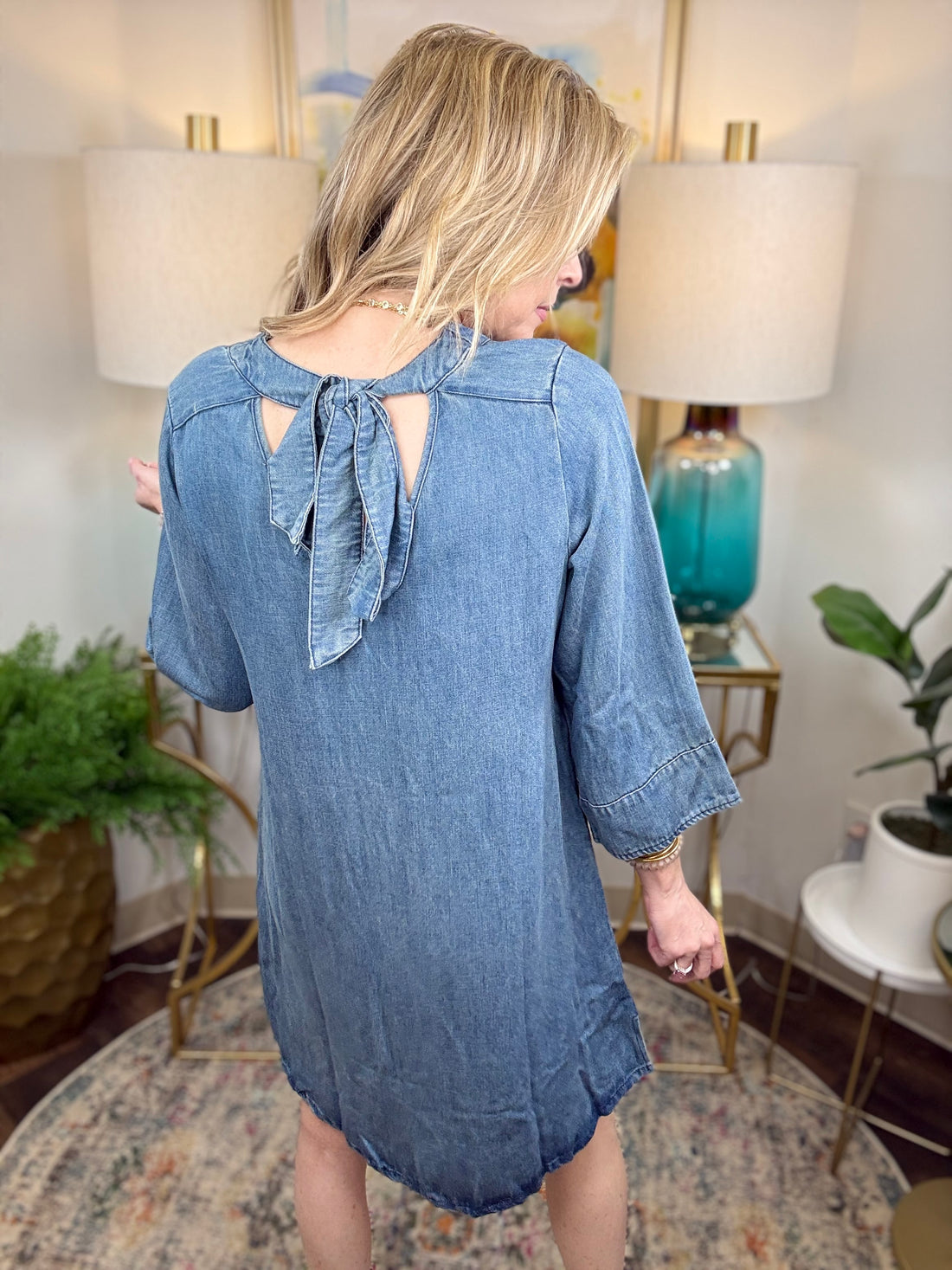 Denim shift dress with bell sleeves and back neck tie