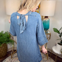 Denim shift dress with bell sleeves and back neck tie