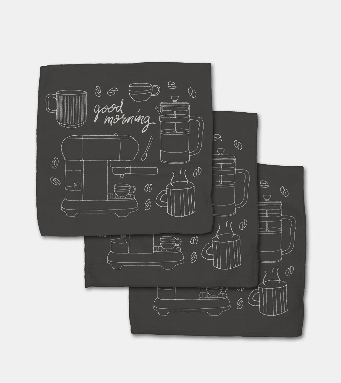 Set of three black towels with white coffee-themed designs.