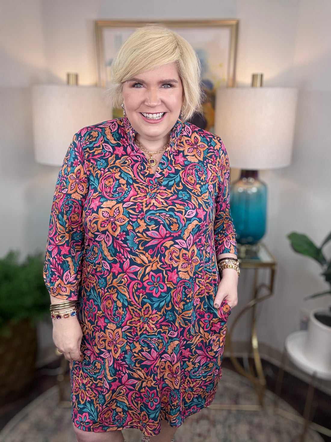 Dear Scarlett stretchy colorful floral dress with pink orange blue and teal tones