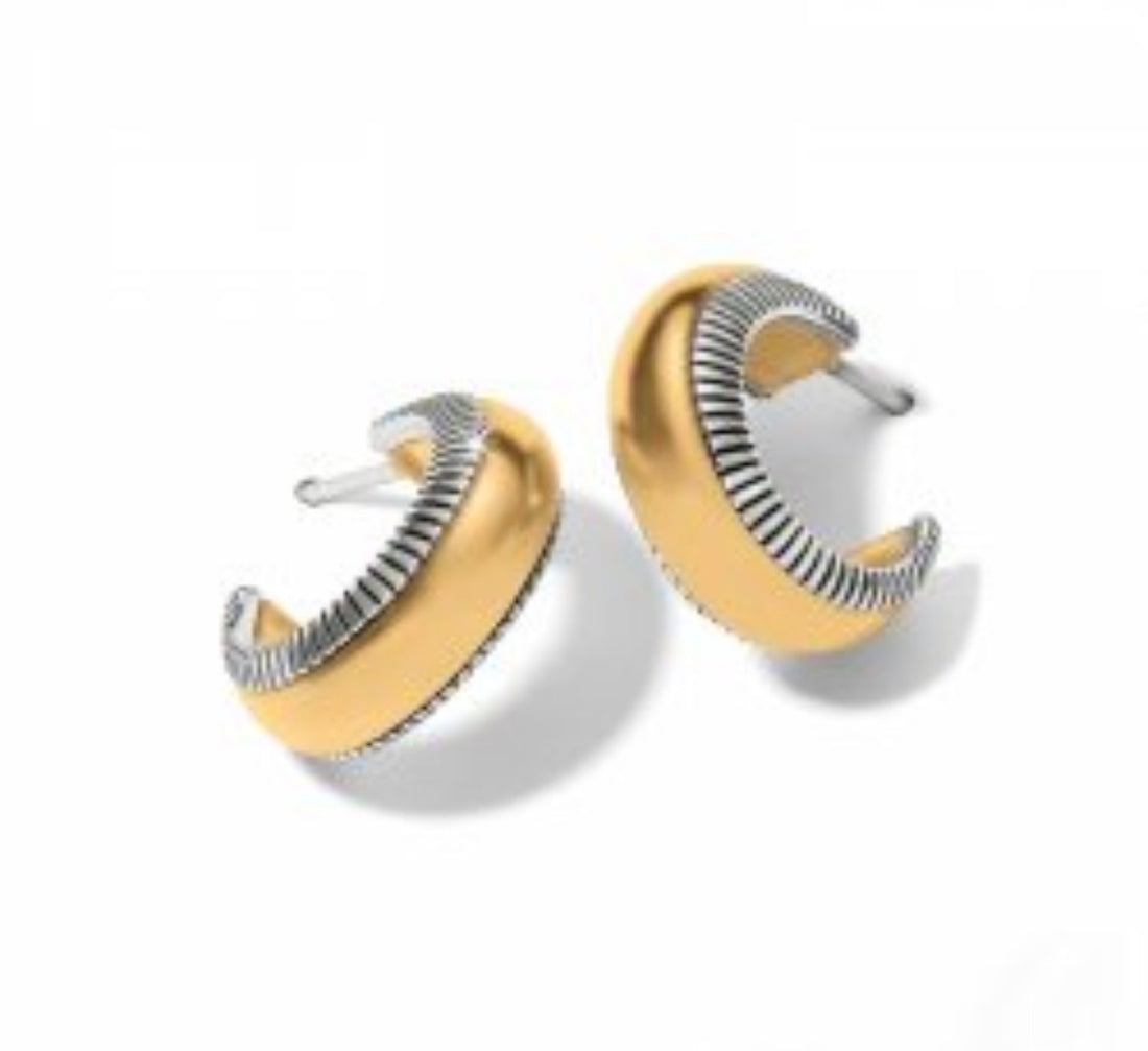 Pair of gold and silver hoop earrings on a white background