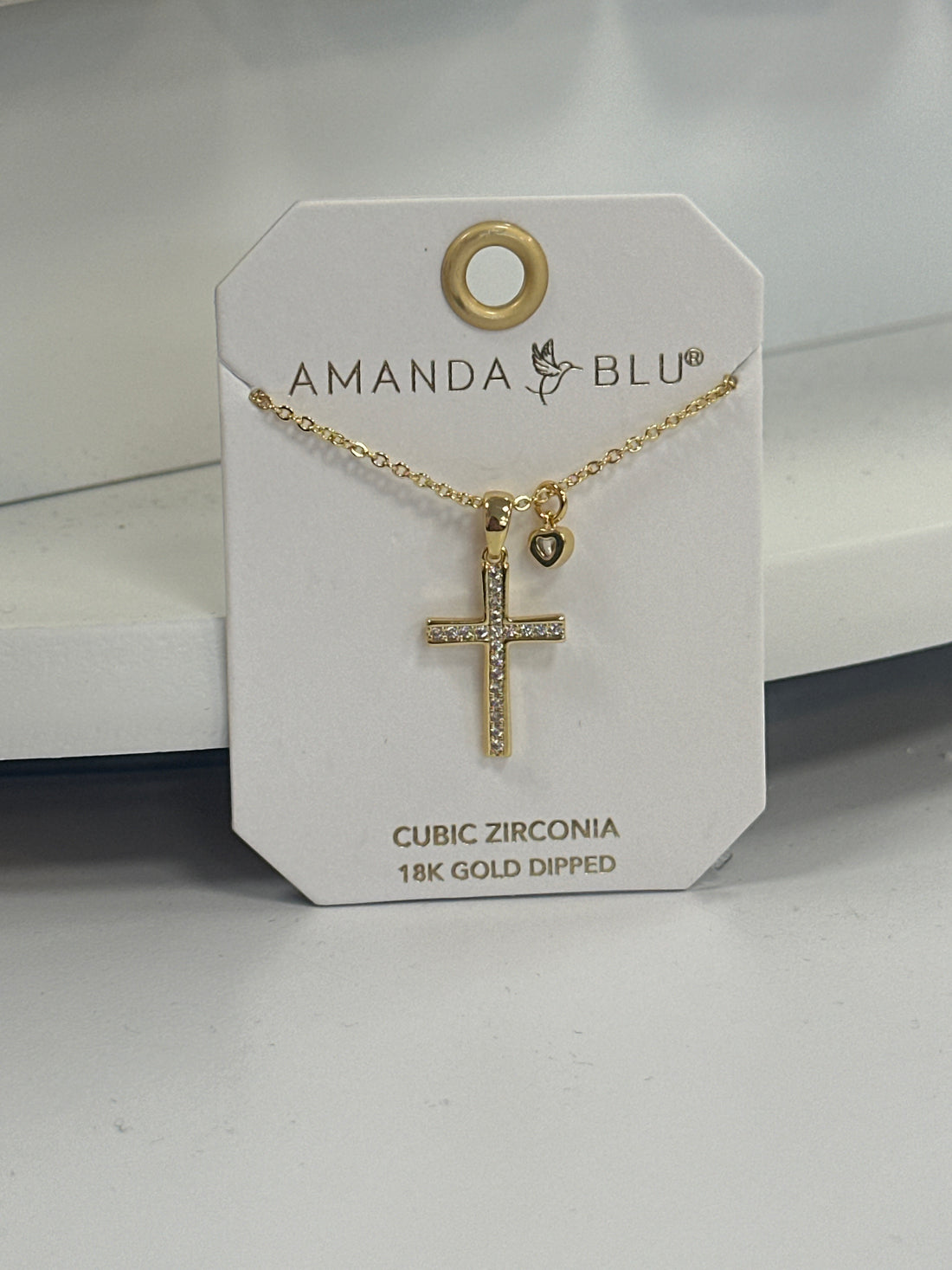 Gold Pave Cross with Heart Droplet Necklace