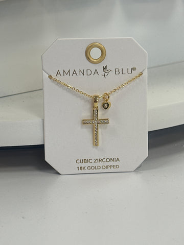 Gold Pave Cross with Heart Droplet Necklace