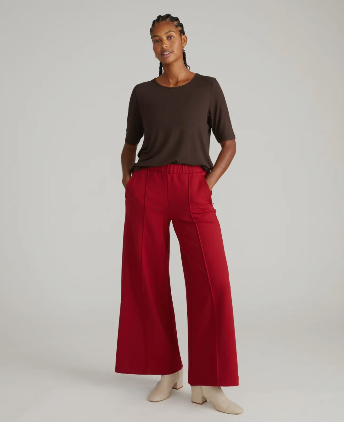 Pam Pintuck Wide Leg Ponte Pants-Garnet