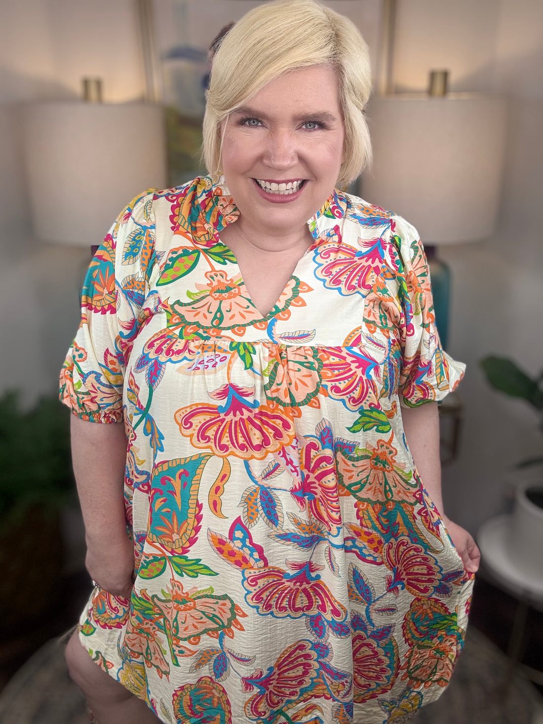 Woman wearing a colorful floral dress