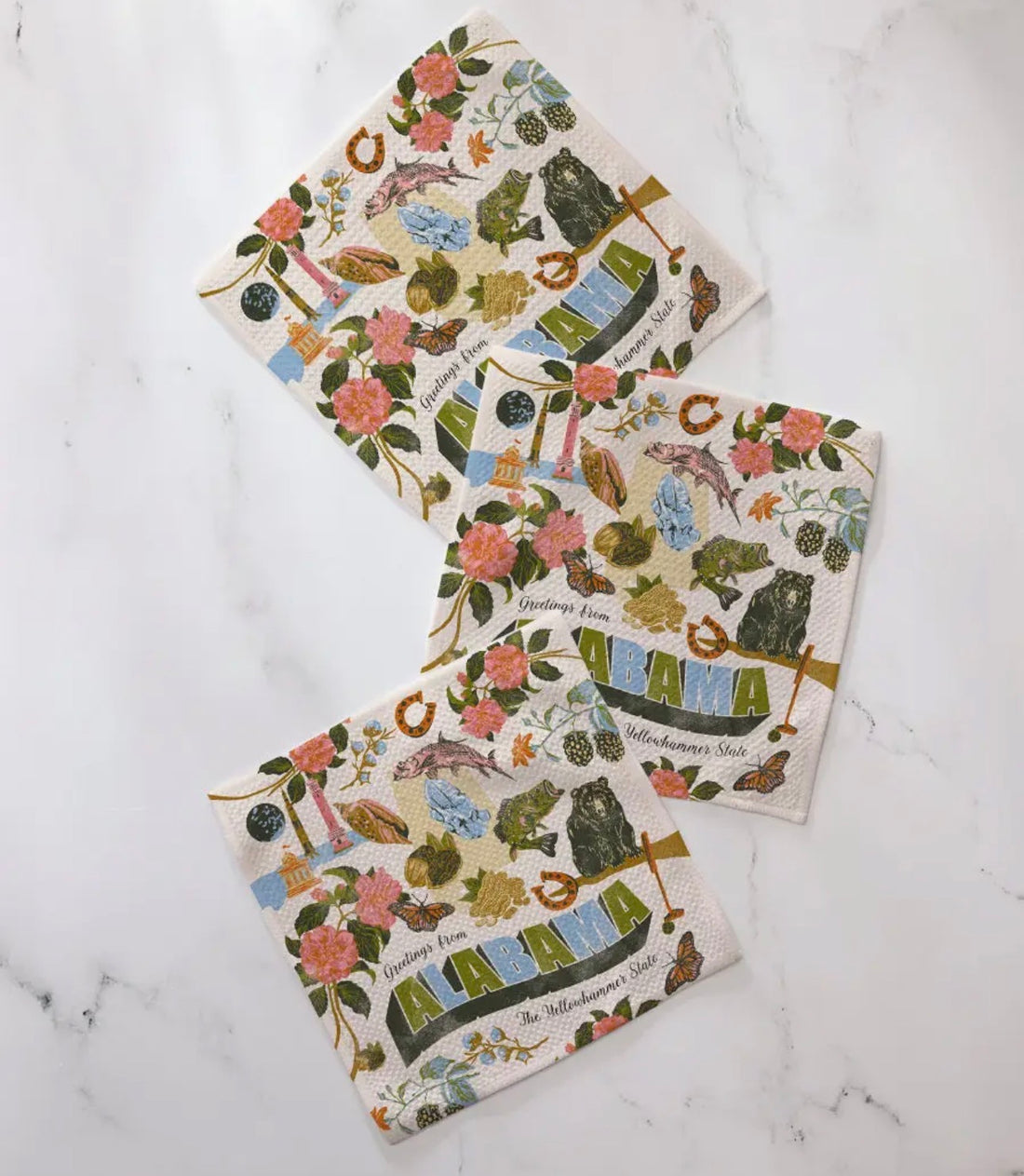 Set of three dishcloths with vintage-style Alabama illustrations