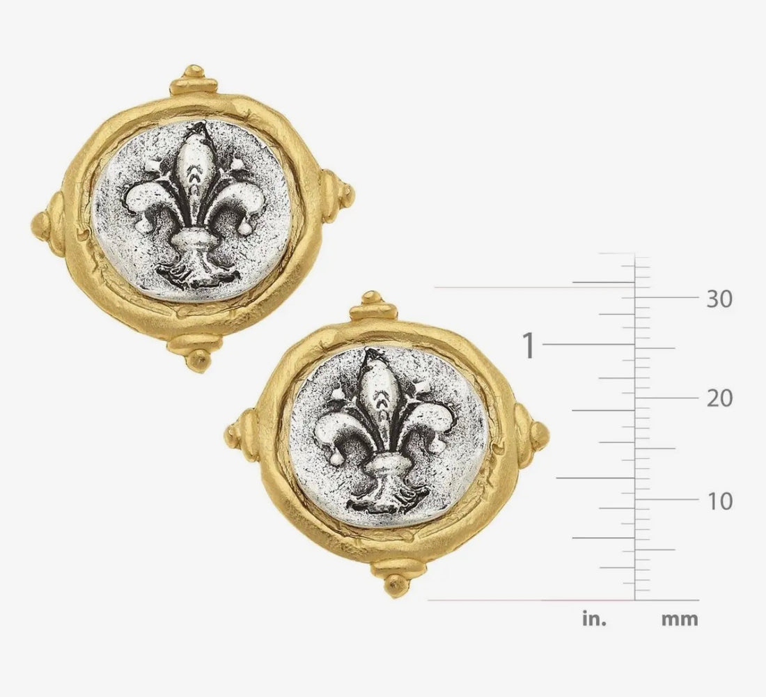 Susan Shaw | Two Tone Fleur De Lis Intaglio Pierced Earrings
