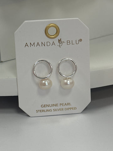 Silver Flat Hoop Pearl Drop Earrings