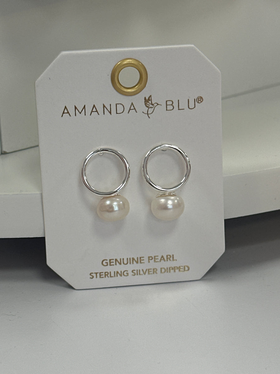 Silver Flat Hoop Pearl Drop Earrings