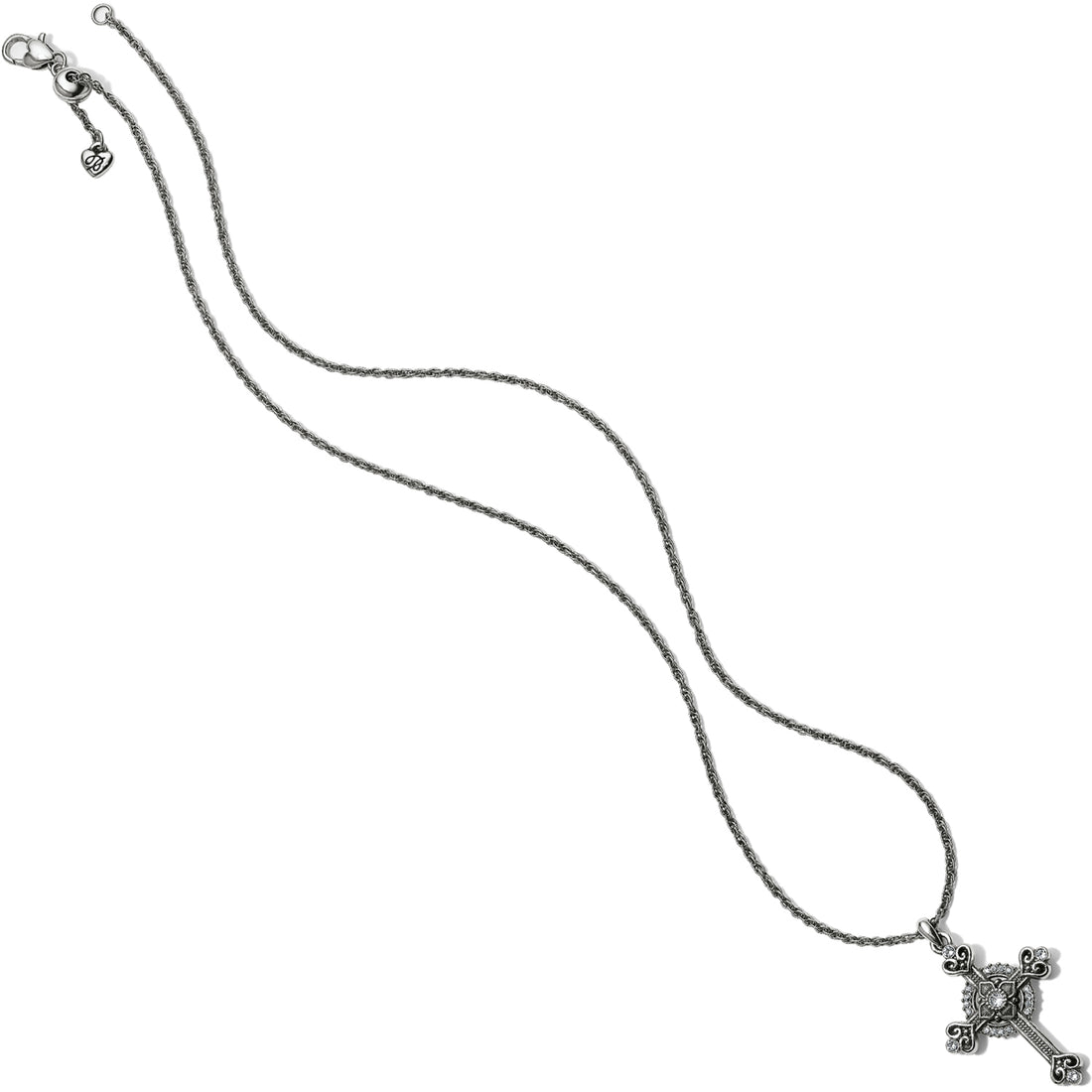 Silver cross necklace on a white background