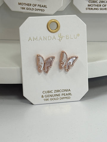 Rose Gold Butterfly CZ Mother of Pearl Earrings