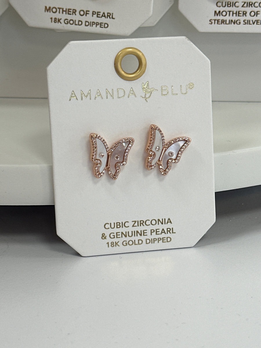 Rose Gold Butterfly CZ Mother of Pearl Earrings