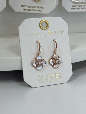 Rose Gold Drop Mother of Pearl CZ Flower Earrings