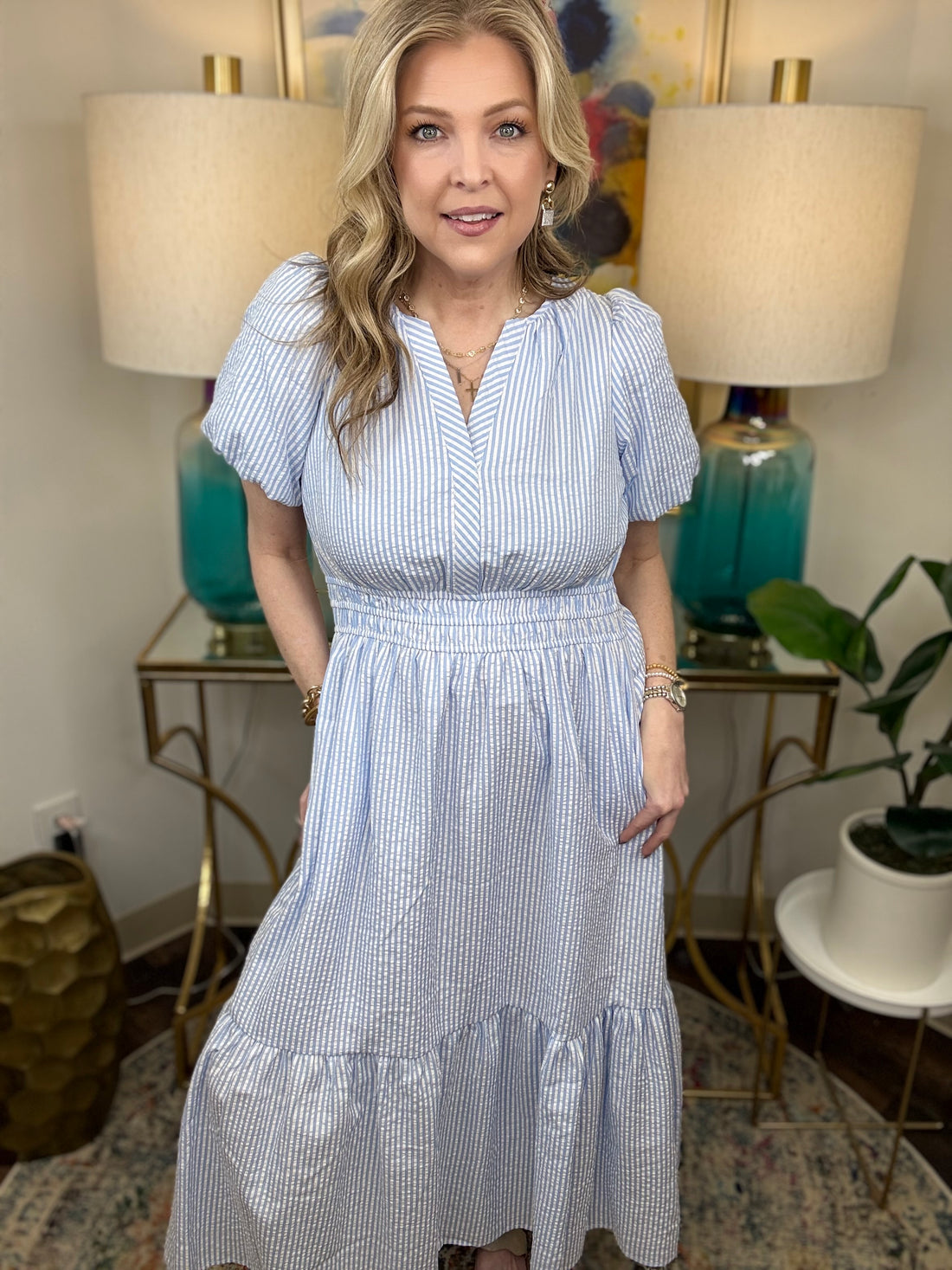 Mary Square Tracey Dress-Blue/White