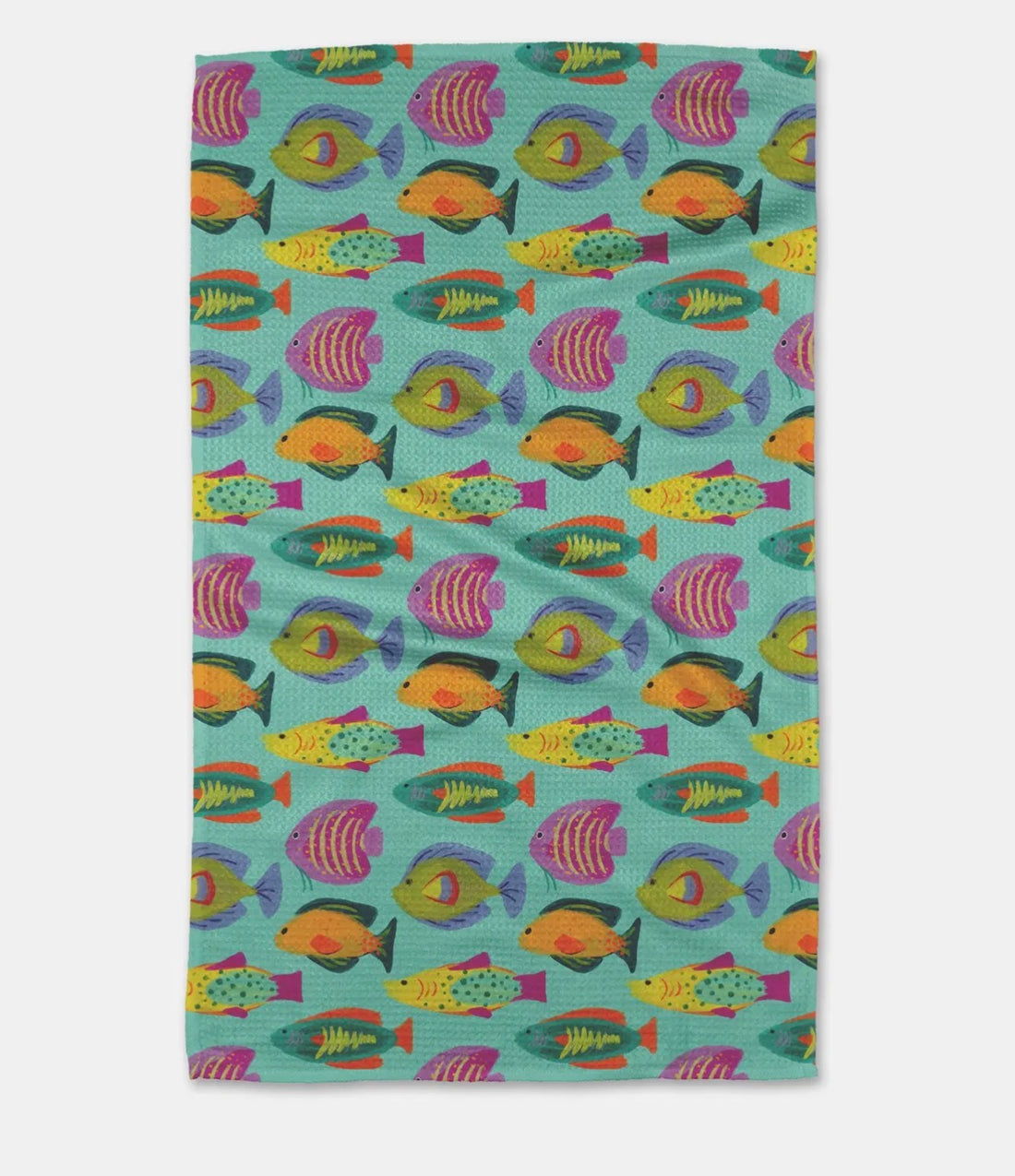 Colorful fish pattern on a blue tea towel.
