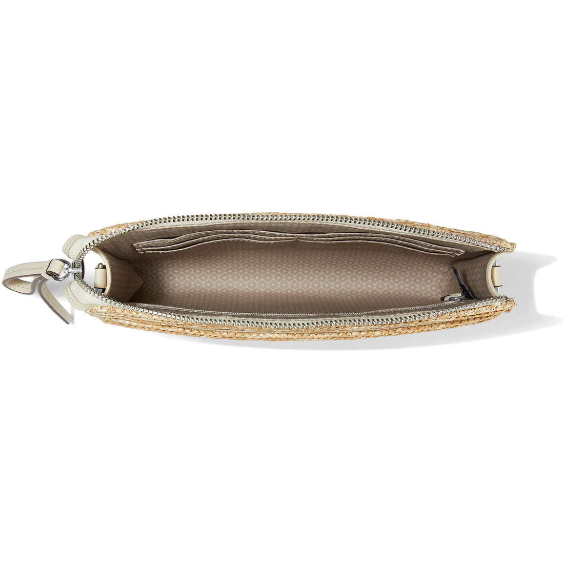 Close-up of a beige pouch with a zipper on a white background