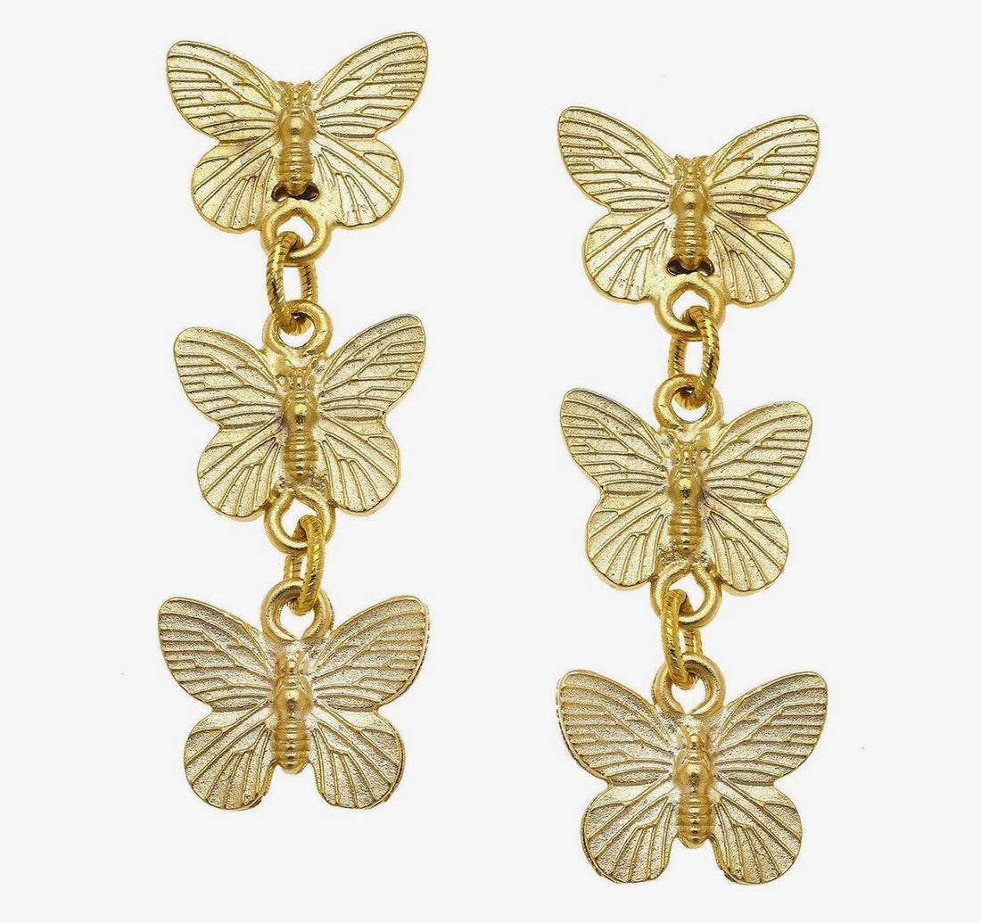 Susan Shaw Hannah triple gold butterfly drop earrings