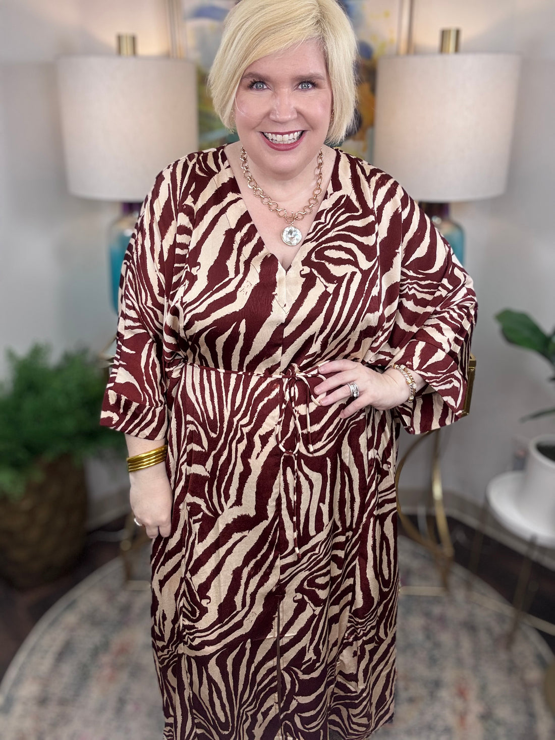 Cream silky kaftan dress with chocolate zebra print with optional waist tie