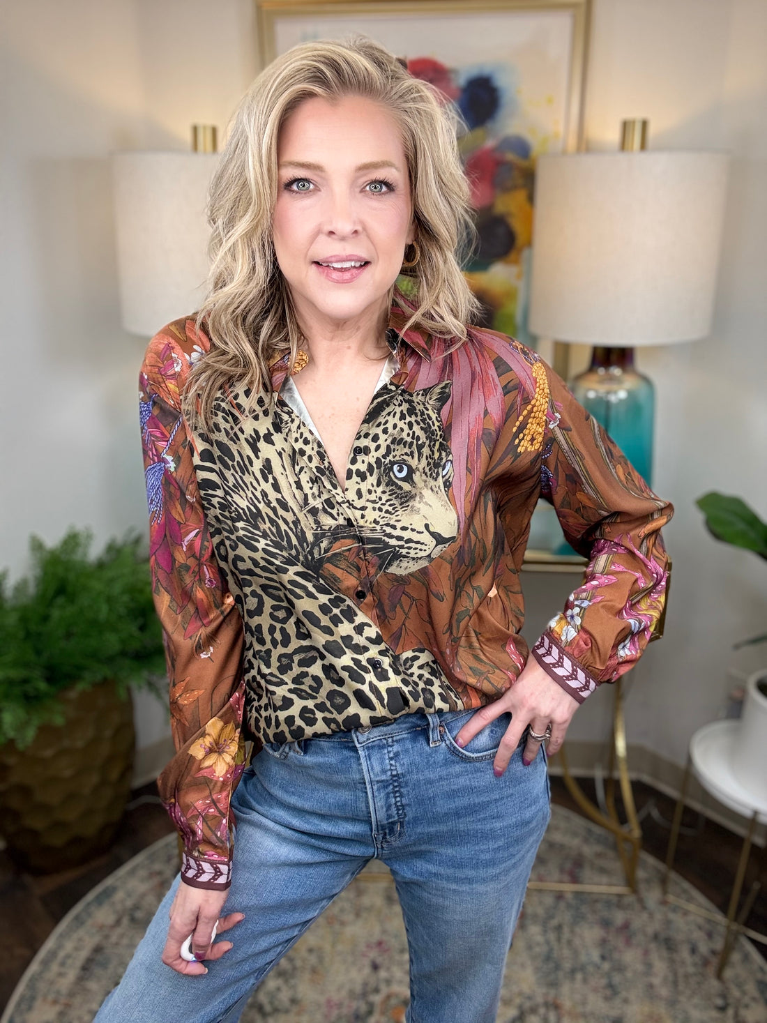 Leopard Motif Satin Button-Down
