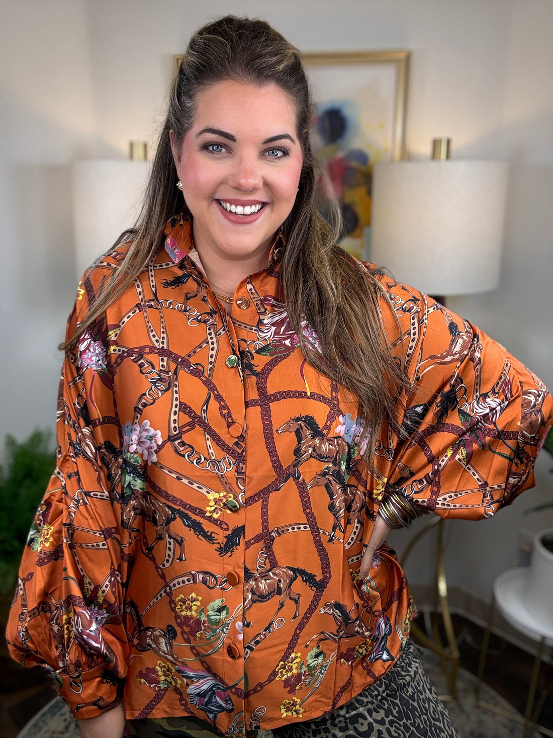 Draped Equestrian Motif Satin Blouse
