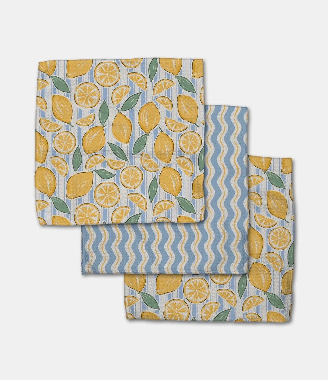 Set of three dishcloths with a baby blue, white and yellow lemon pattern