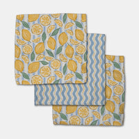 Set of three dishcloths with a baby blue, white and yellow lemon pattern