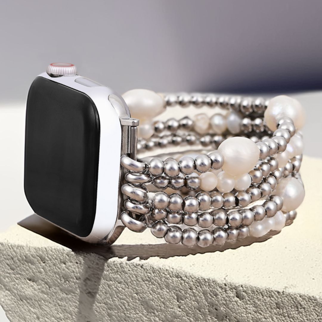 Pearl and Silver Stretch Apple Watch Strap Large