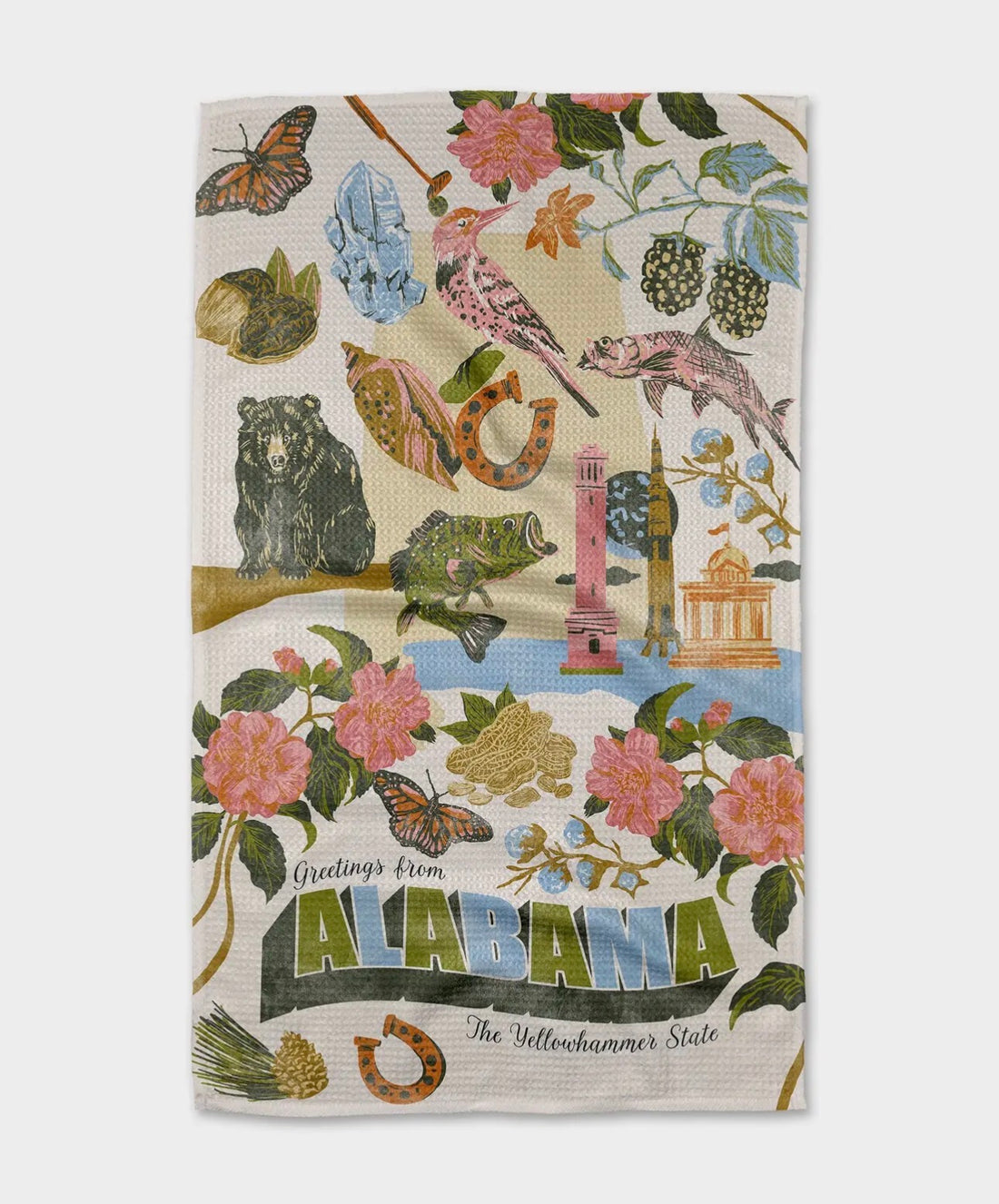 Decorative towel with Alabama-themed design featuring animals, flowers, and landmarks.