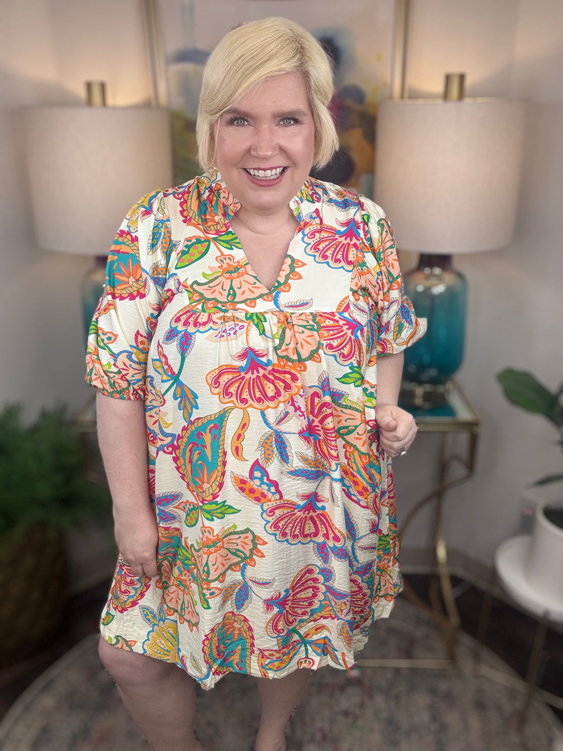 Woman wearing a colorful floral dress