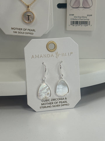 Silver Drop Oblong CZ Mother of Pearl Earrings