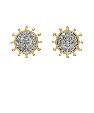 Pair of coin earrings with gold and silver design on a white background