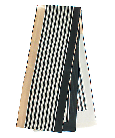 Black and white striped twilly scarf with a single bold gold stripe