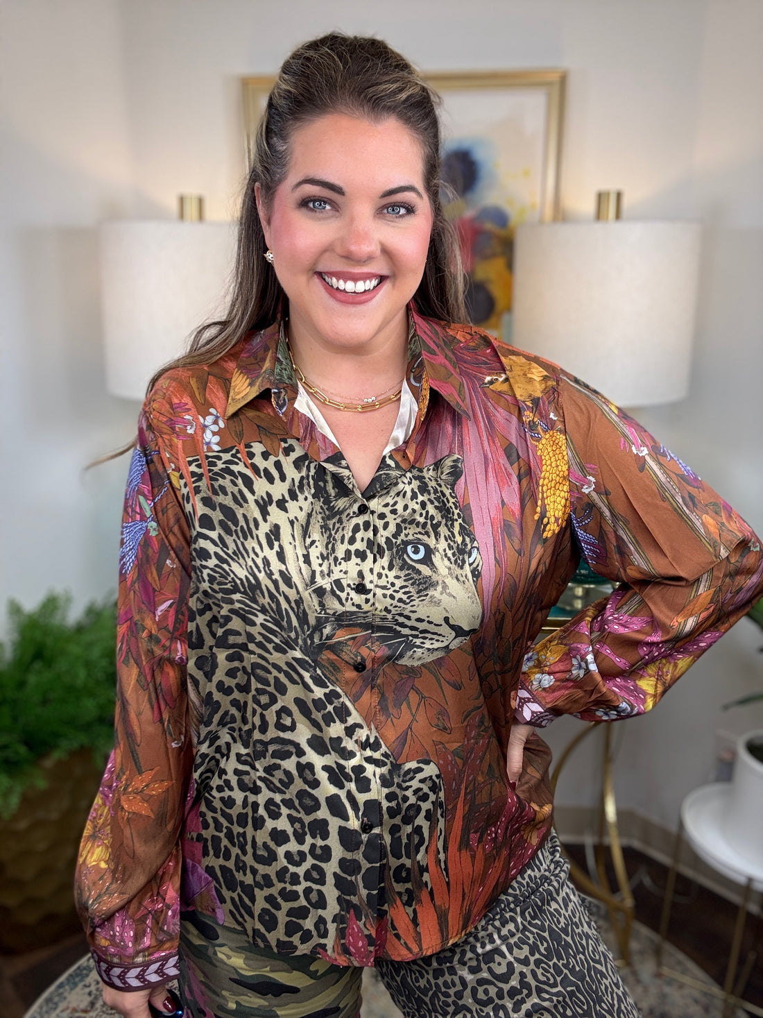 Leopard Motif Satin Button-Down