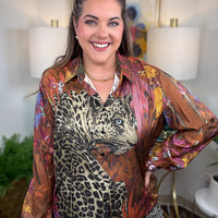 Leopard Motif Satin Button-Down