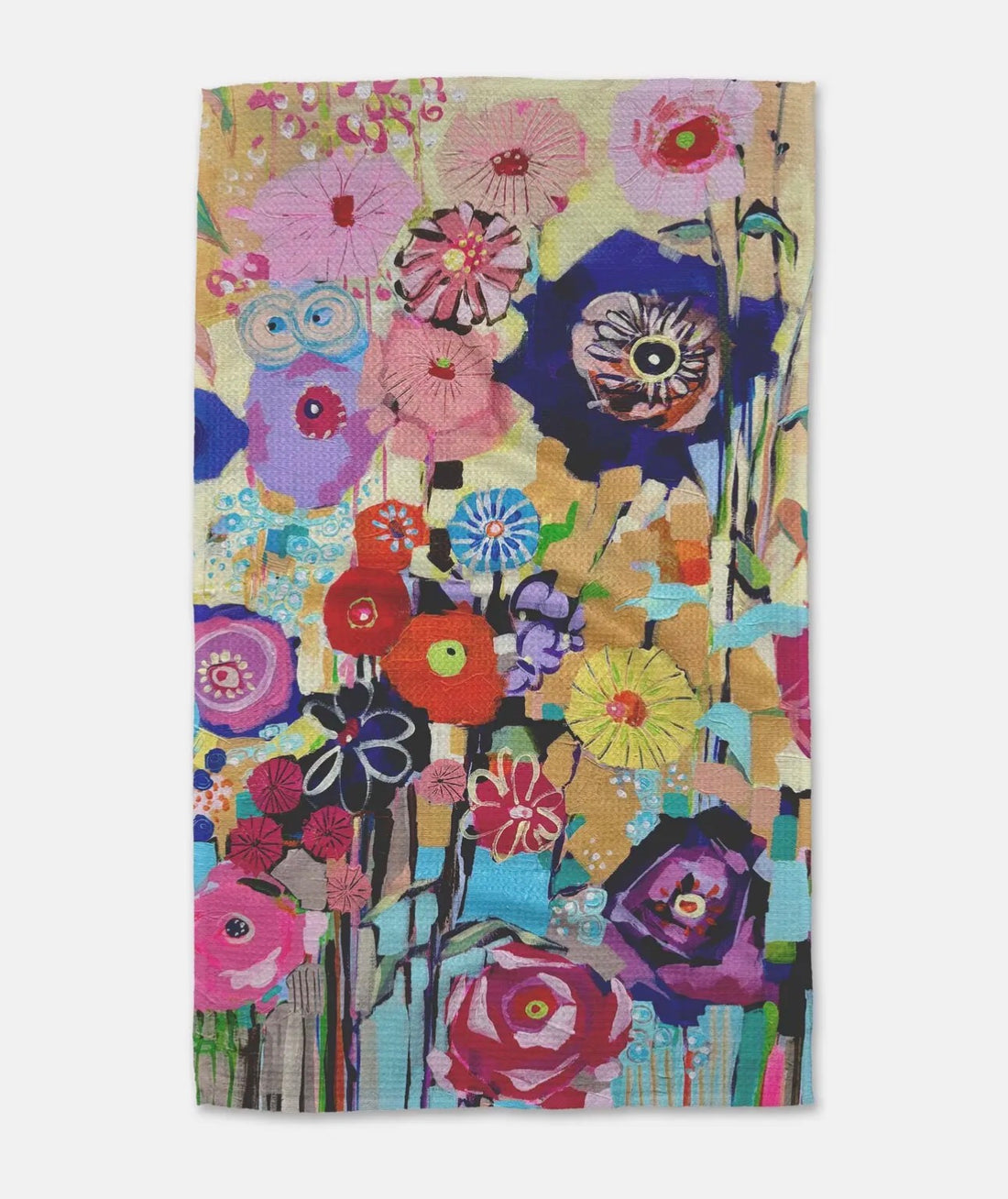 Colorful, floral-patterned tea towel on a white background