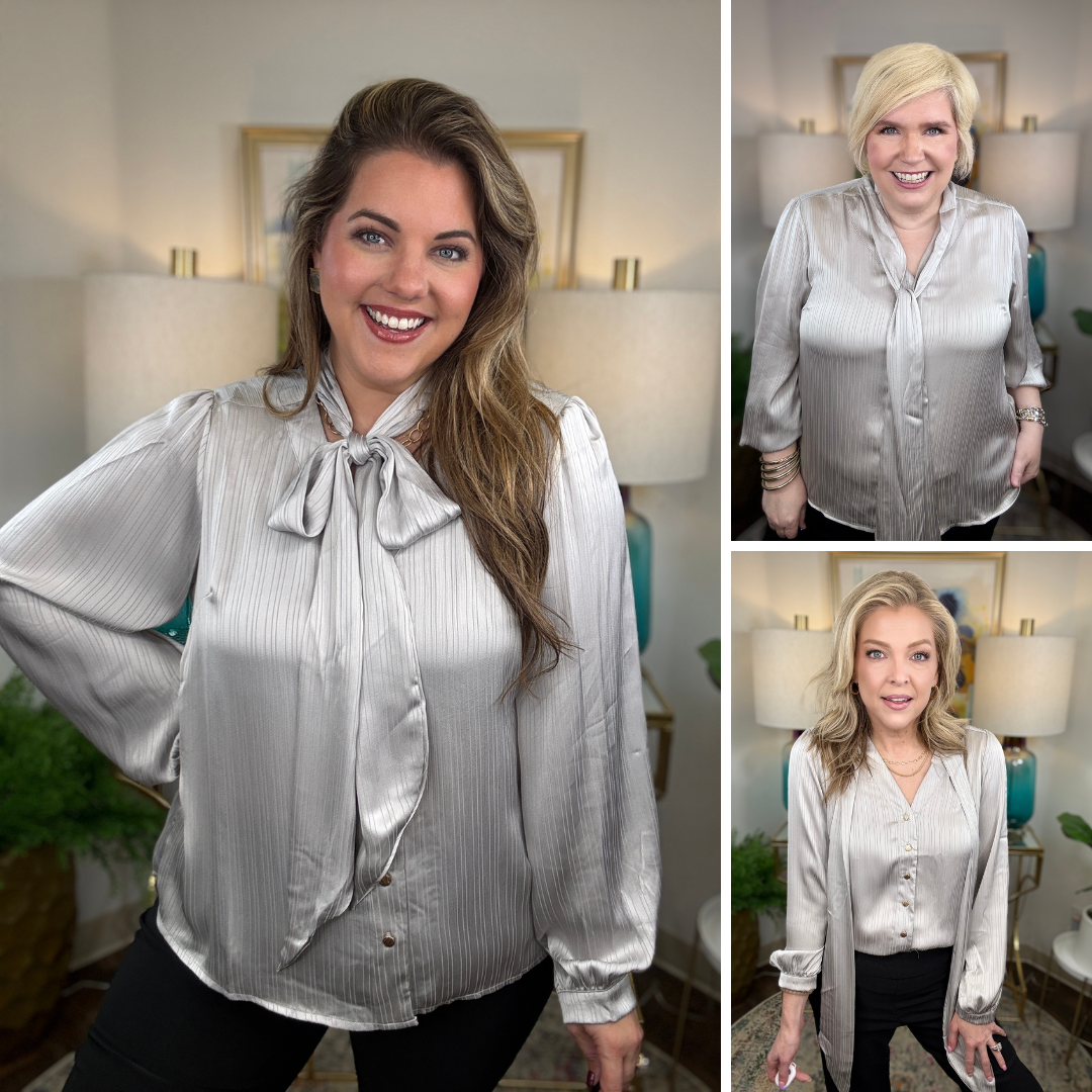 Silver blouse with optional neck tie and gold buttons